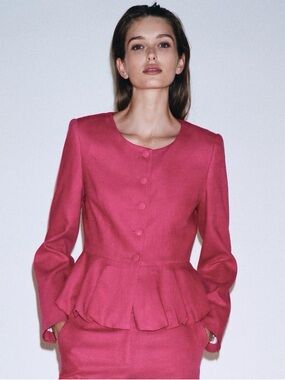 ZARA Fuchsia Pink Linen-blend Peplum Blazer Jacket. S
